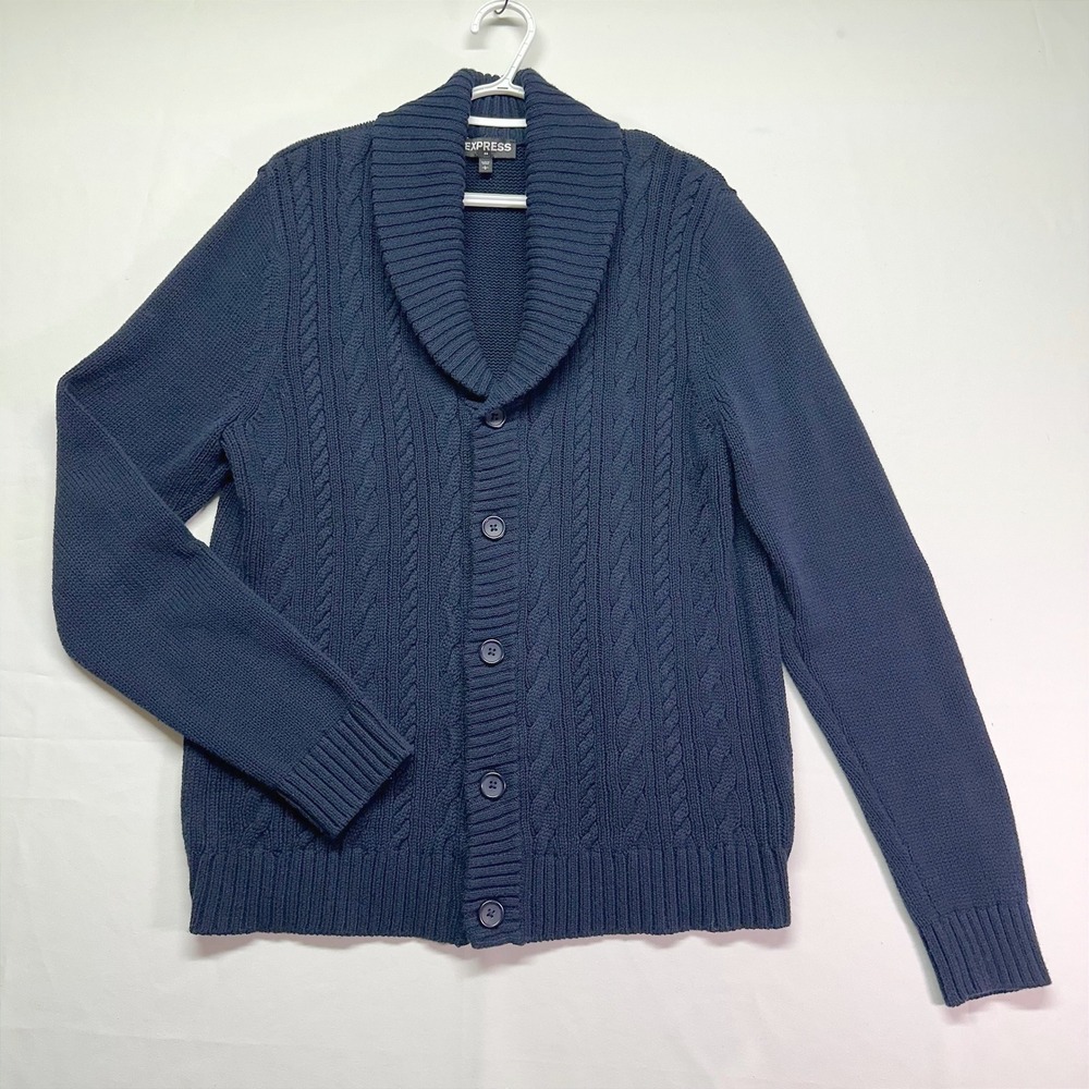 Express Navy Cable Knit Shawl Collar Button Down Oversized Cardigan Men Women‎ L